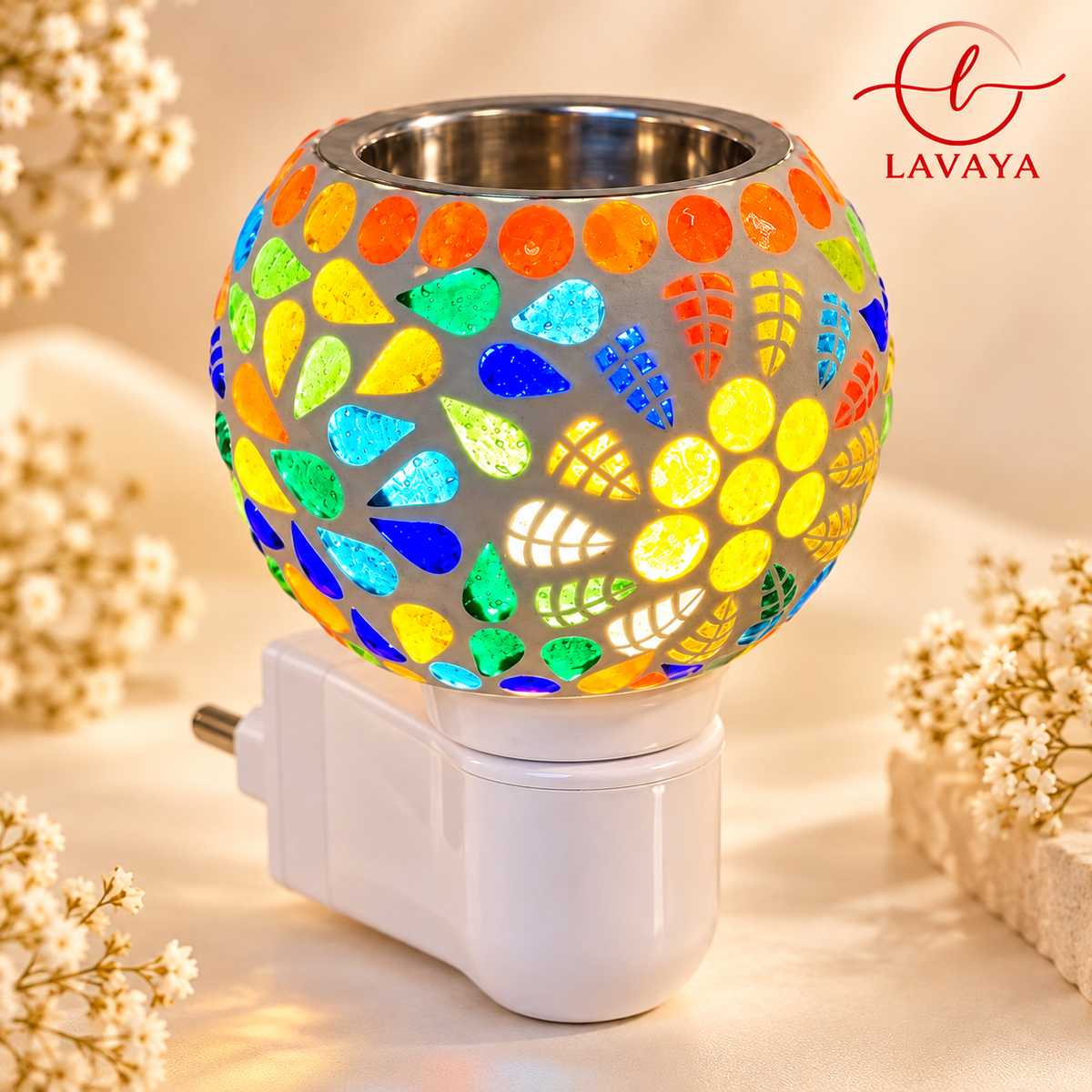 Lavaya Premium Multicolor Floral Mosaic LED Plug-In Aroma Diffuser Lamp – Decorative Electric Fragrance Warmer & Night Light for Home