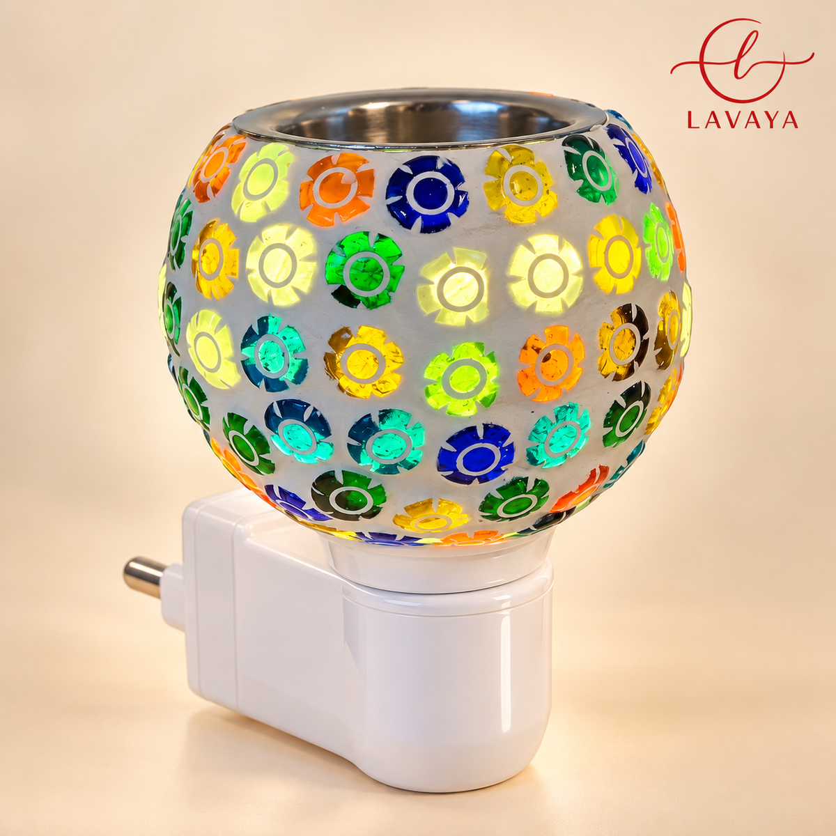 Lavaya Premium Multicolor Floral Mosaic LED Plug-In Aroma Diffuser Lamp – Decorative Electric Fragrance Warmer & Night Light for Home
