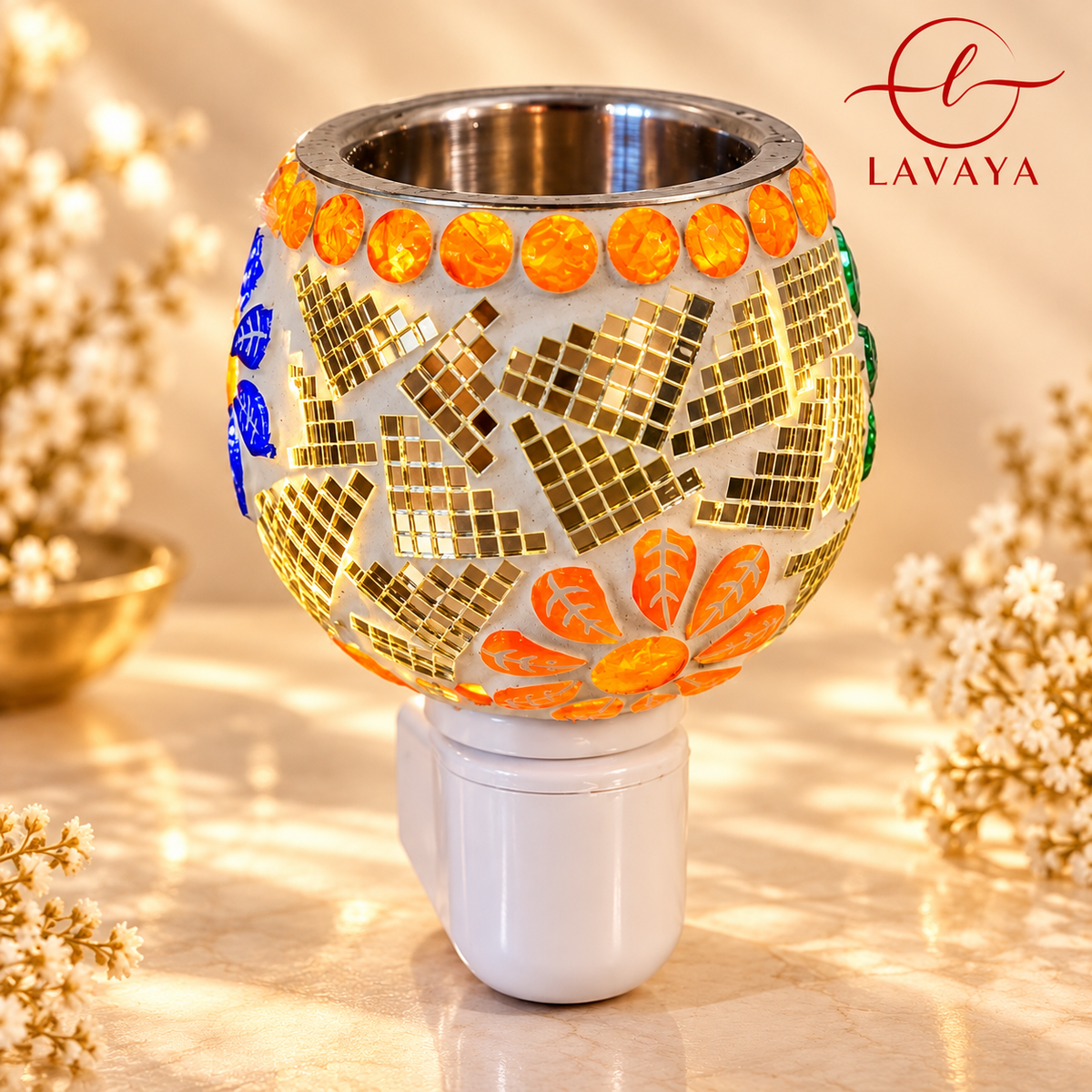 Lavaya Premium Golden Mosaic Floral LED Plug-In Aroma Diffuser Lamp – Multicolor Decorative Electric Fragrance Warmer & Warm Glow Night Light for Home