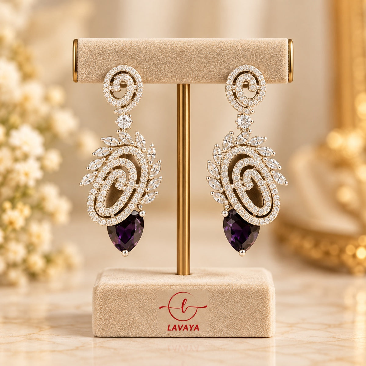 Lavaya Luxury Purple Amethyst Crystal Swirl Drop Earrings for Women – Premium Designer Statement Earrings for Wedding & Party Wear