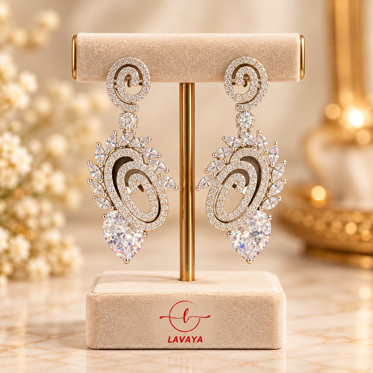 Lavaya Luxury White Crystal Swirl Drop Earrings for Women – Premium Designer Statement Earrings for Wedding, Reception & Party Wear