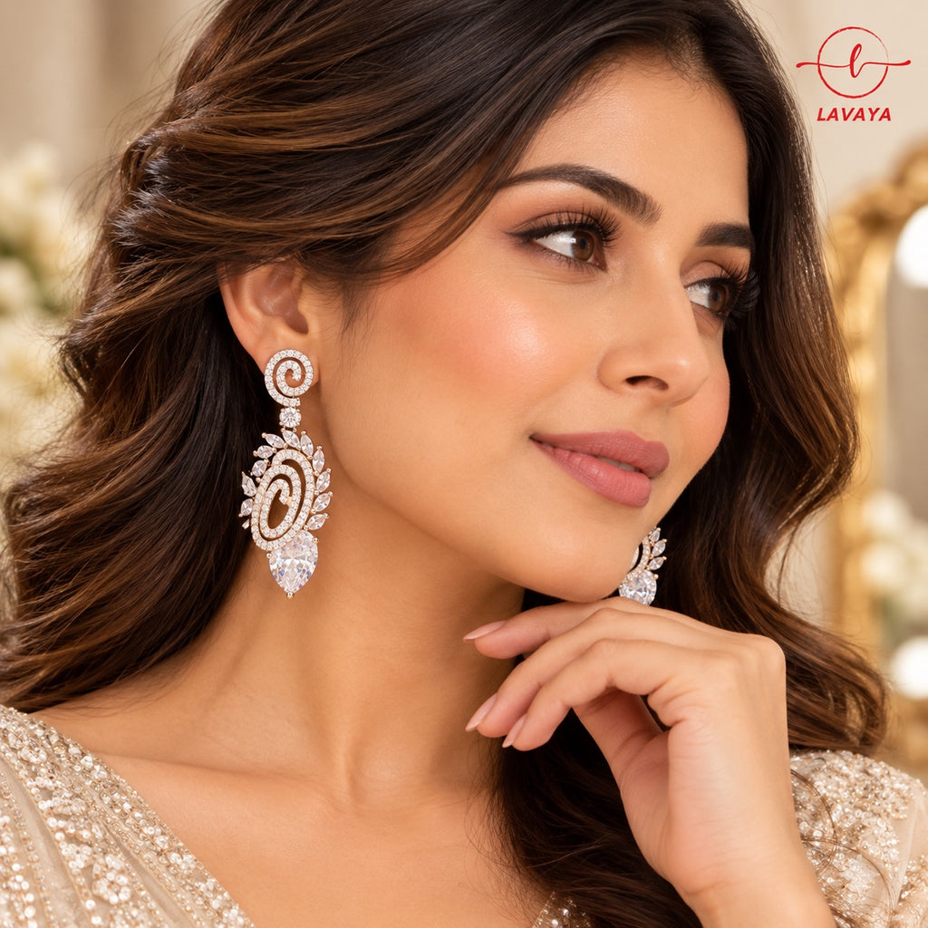 Lavaya Luxury White Crystal Swirl Drop Earrings for Women – Premium Designer Statement Earrings for Wedding, Reception & Party Wear