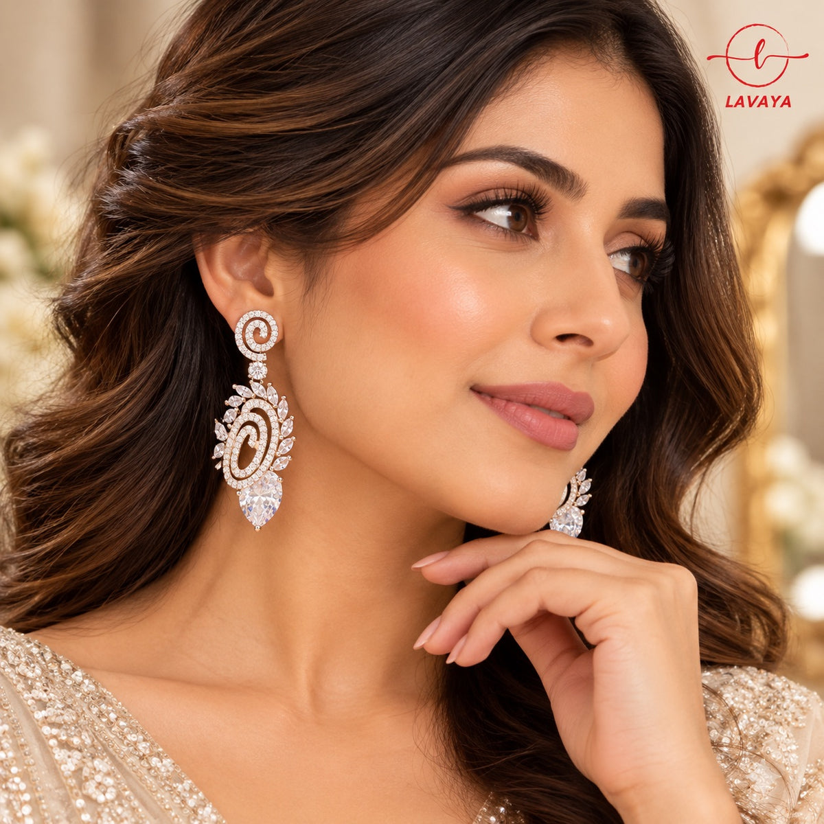 Lavaya Luxury White Crystal Swirl Drop Earrings for Women – Premium Designer Statement Earrings for Wedding, Reception & Party Wear