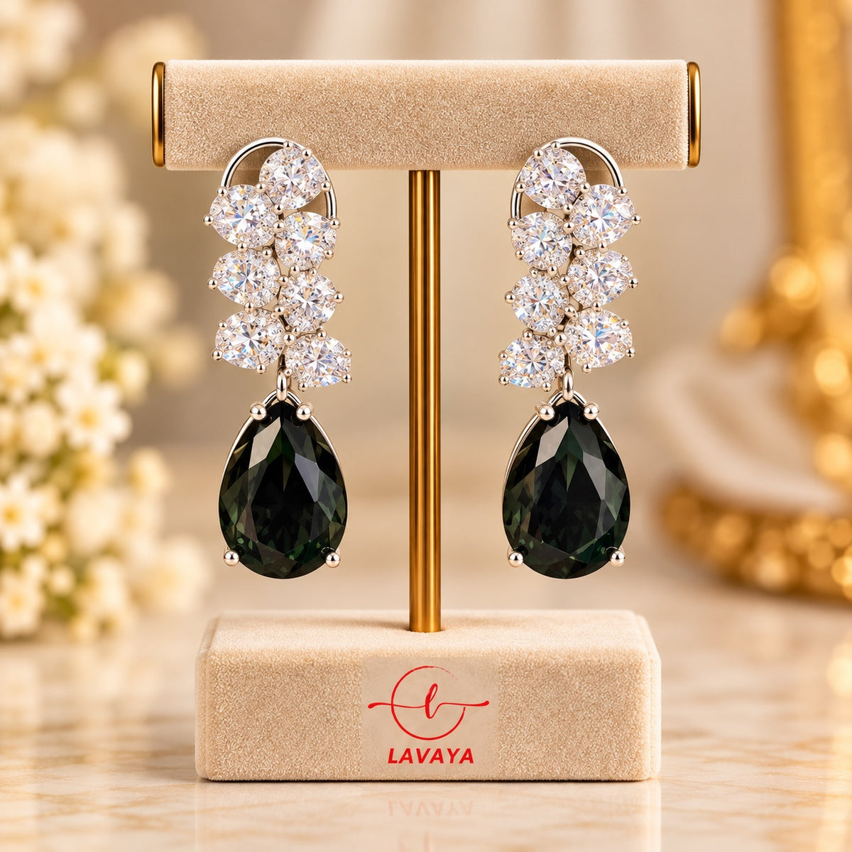 Lavaya Luxury Emerald Green Teardrop Crystal Floral Earrings for Women – Premium Designer Statement Earrings for Wedding & Party Wear