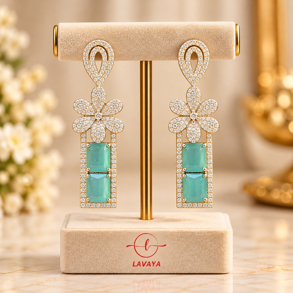 Lavaya Luxury Mint Green Crystal Floral Drop Earrings for Women – Premium Designer Statement Earrings for Wedding, Reception & Party Wear