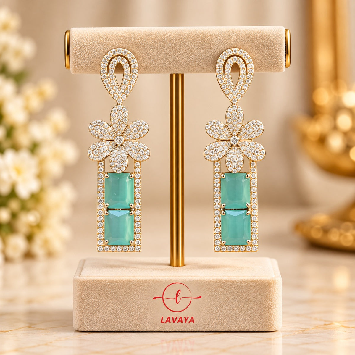 Lavaya Luxury Mint Green Crystal Floral Drop Earrings for Women – Premium Designer Statement Earrings for Wedding, Reception & Party Wear