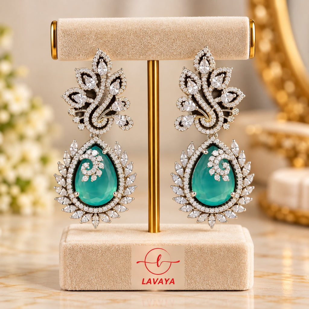 Lavaya Luxury Emerald Green Teardrop Crystal Earrings for Women – Premium Floral Designer Statement Earrings for Wedding, Reception & Party Wear