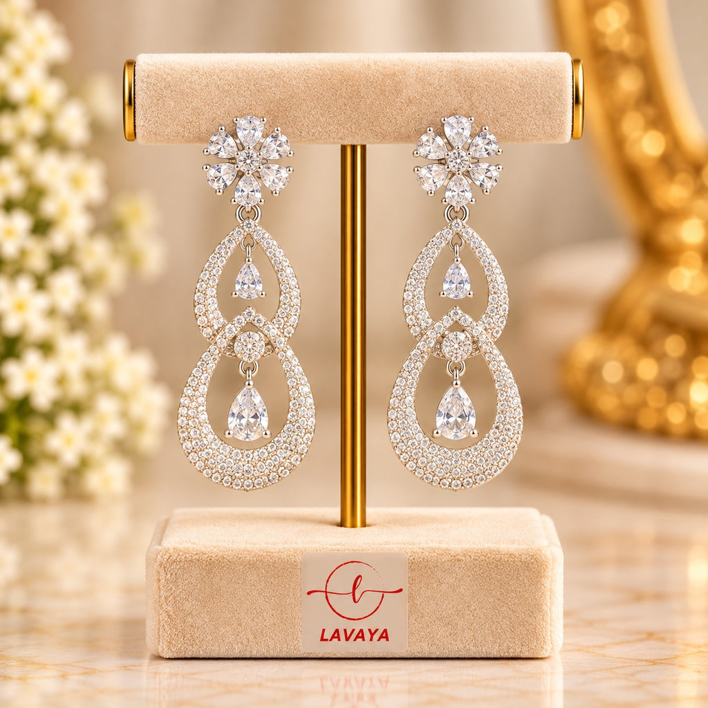 Lavaya Luxury Crystal Floral Double Teardrop Earrings for Women – Premium Silver-Tone Designer Statement Earrings for Wedding, Reception & Party Wear