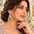 Lavaya Luxury Rose Pink Oval Crystal Drop Earrings for Women – Premium Silver-Tone Floral Designer Statement Earrings for Wedding, Reception & Party Wear