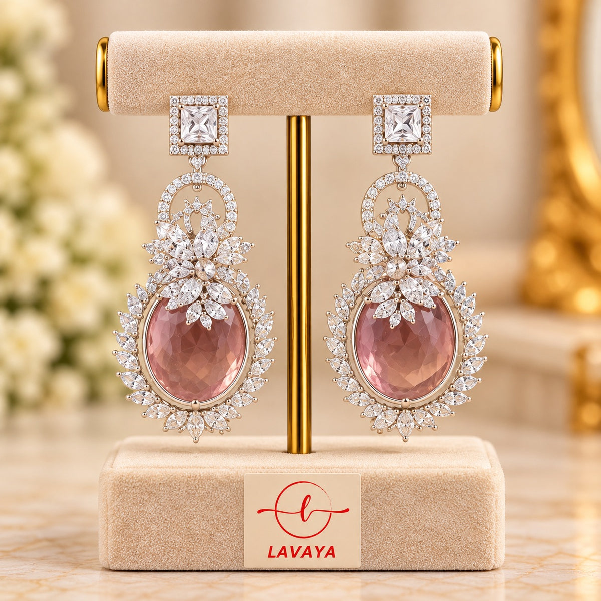 Lavaya Luxury Rose Pink Oval Crystal Drop Earrings for Women – Premium Silver-Tone Floral Designer Statement Earrings for Wedding, Reception & Party Wear