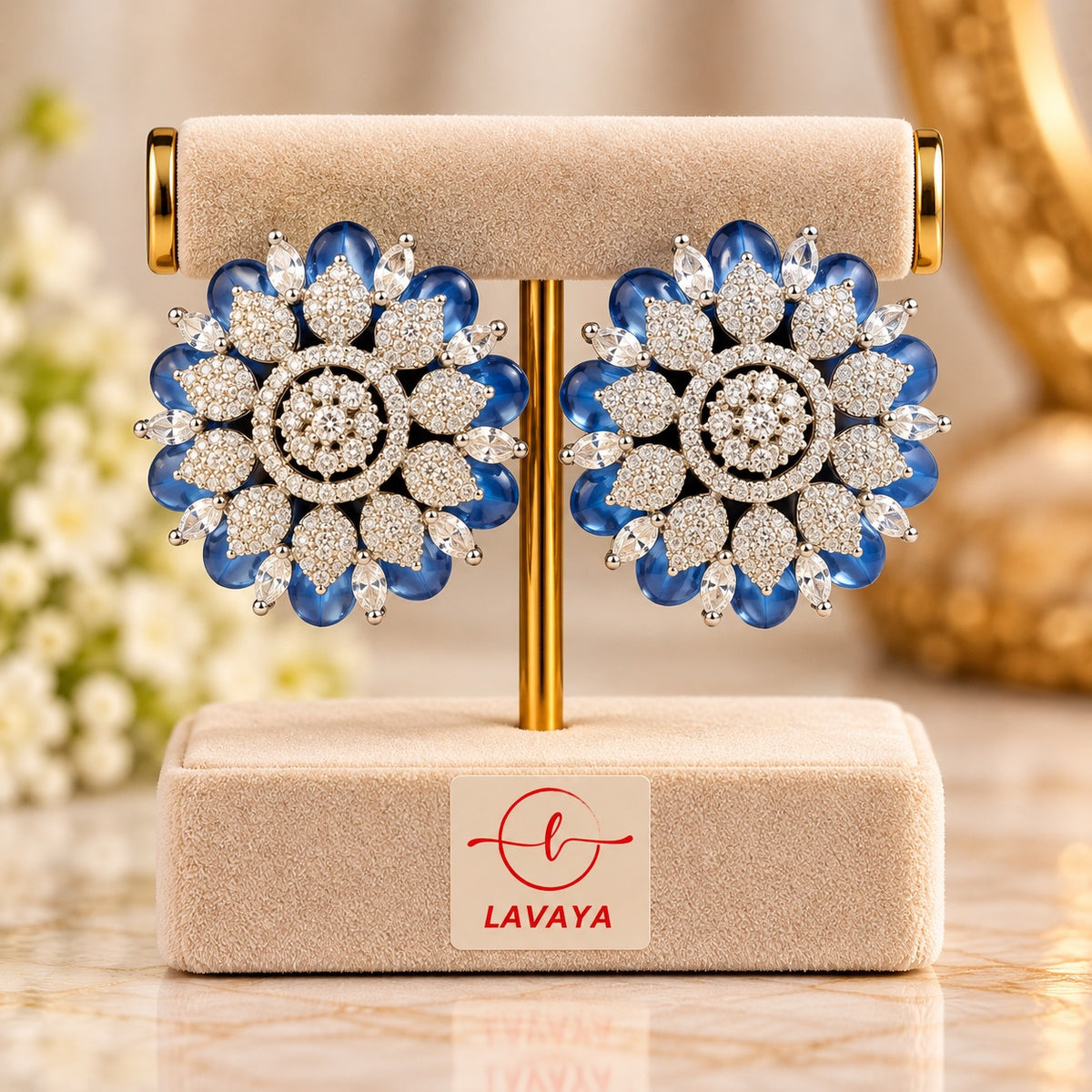 Lavaya Luxury Royal Blue Floral Crystal Stud Earrings for Women – Premium Silver-Tone Designer Statement Earrings for Wedding, Reception, Festive & Party Wear