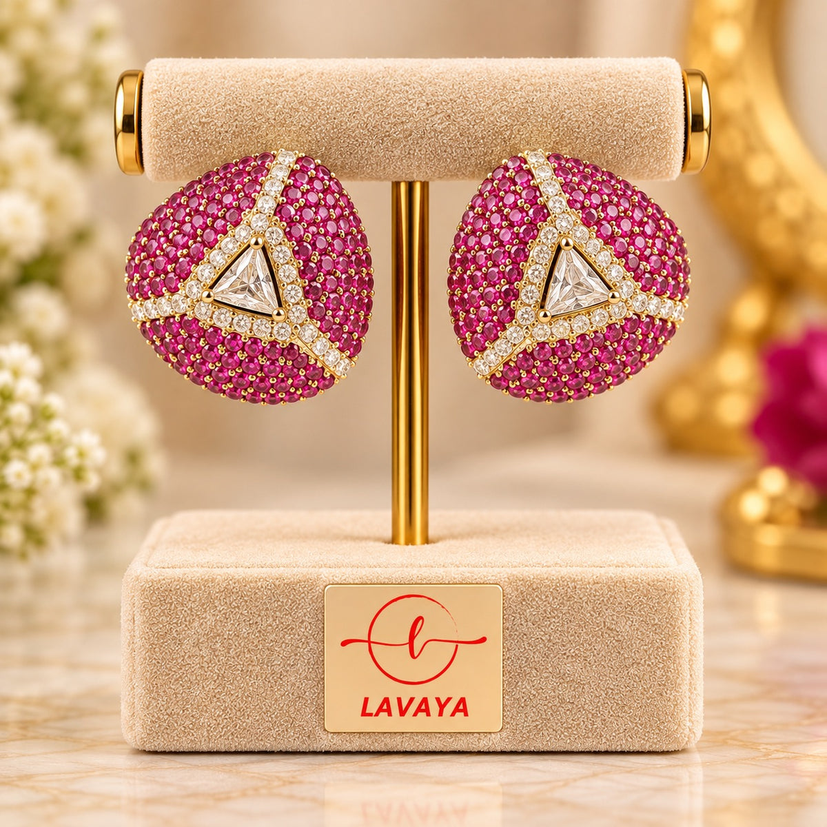 Lavaya Luxury Ruby Pink Round Crystal Stud Earrings for Women – Premium Gold-Tone Geometric Designer Statement Earrings for Wedding, Festive & Party Wear