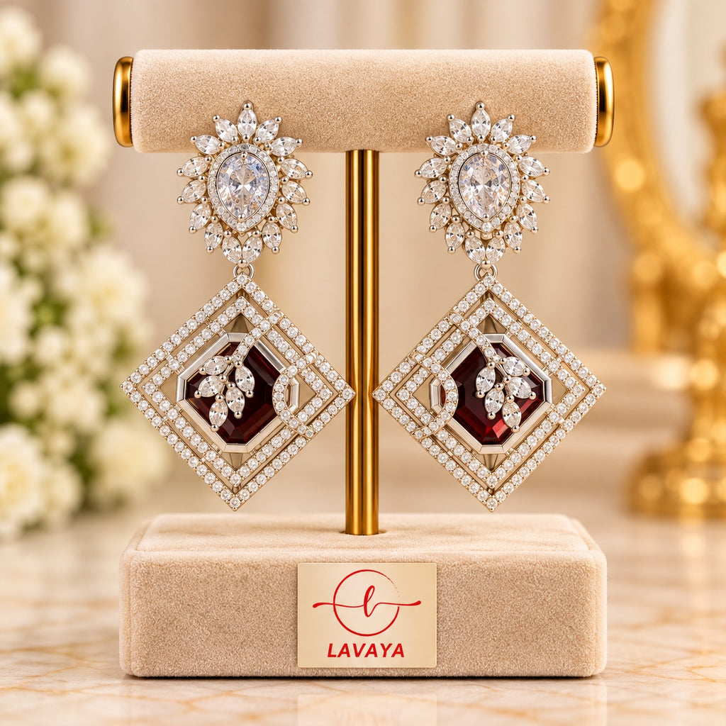 Lavaya Luxury Ruby Red Geometric Diamond-Shaped Crystal Drop Earrings for Women – Premium Floral Designer Statement Earrings for Wedding, Reception & Party Wear