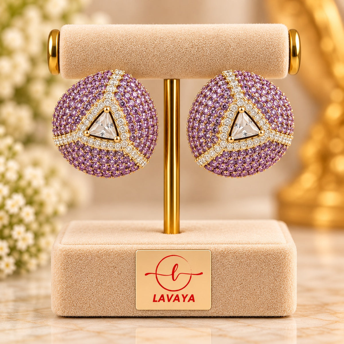 Lavaya Luxury Lavender Purple Round Crystal Stud Earrings for Women – Premium Gold-Tone Geometric Designer Statement Earrings for Wedding, Reception, Festive & Party Wear