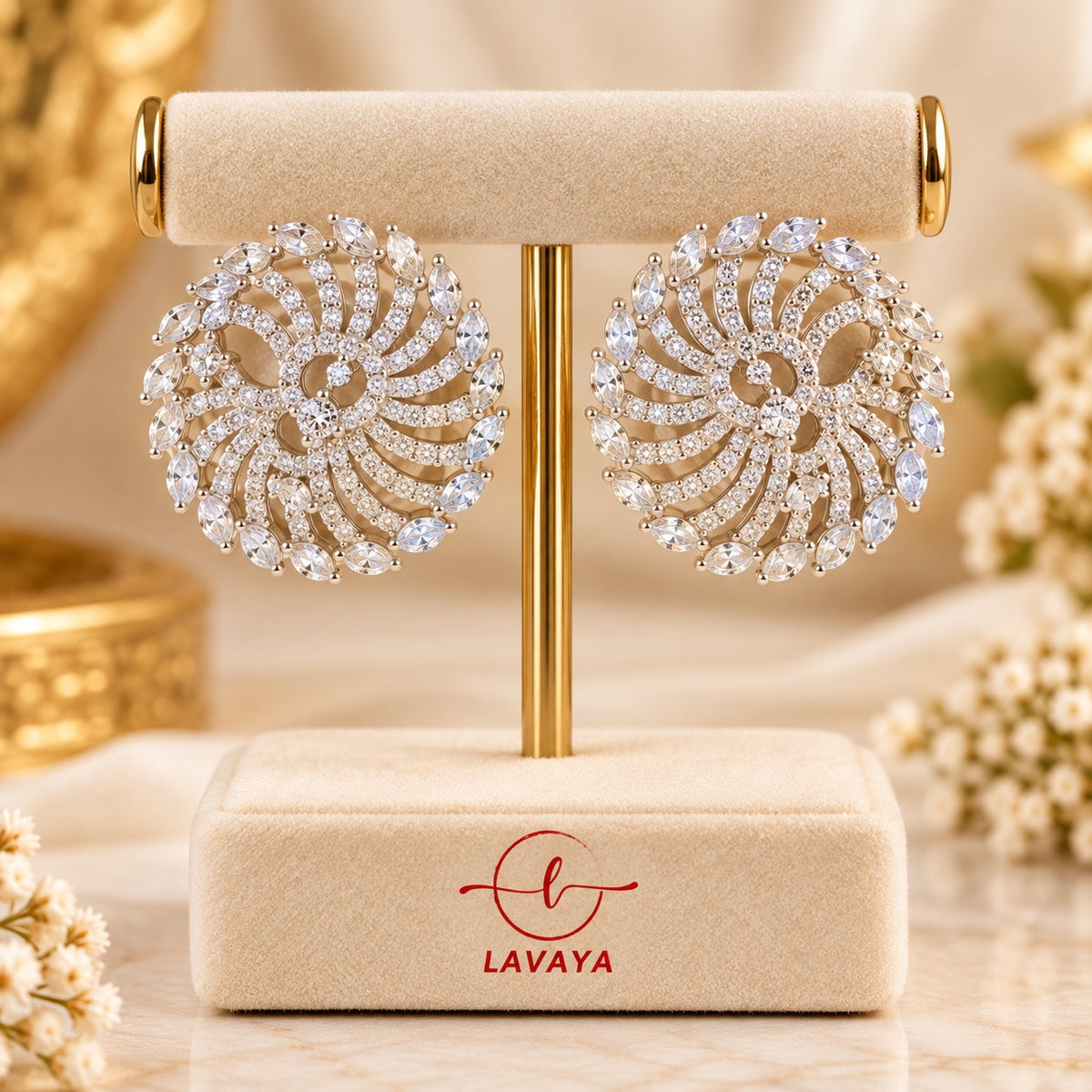 Lavaya Luxury Silver-Tone Floral Swirl Crystal Stud Earrings for Women – Premium Round Diamond-Look Statement Earrings for Wedding, Reception, Festive & Party Wear