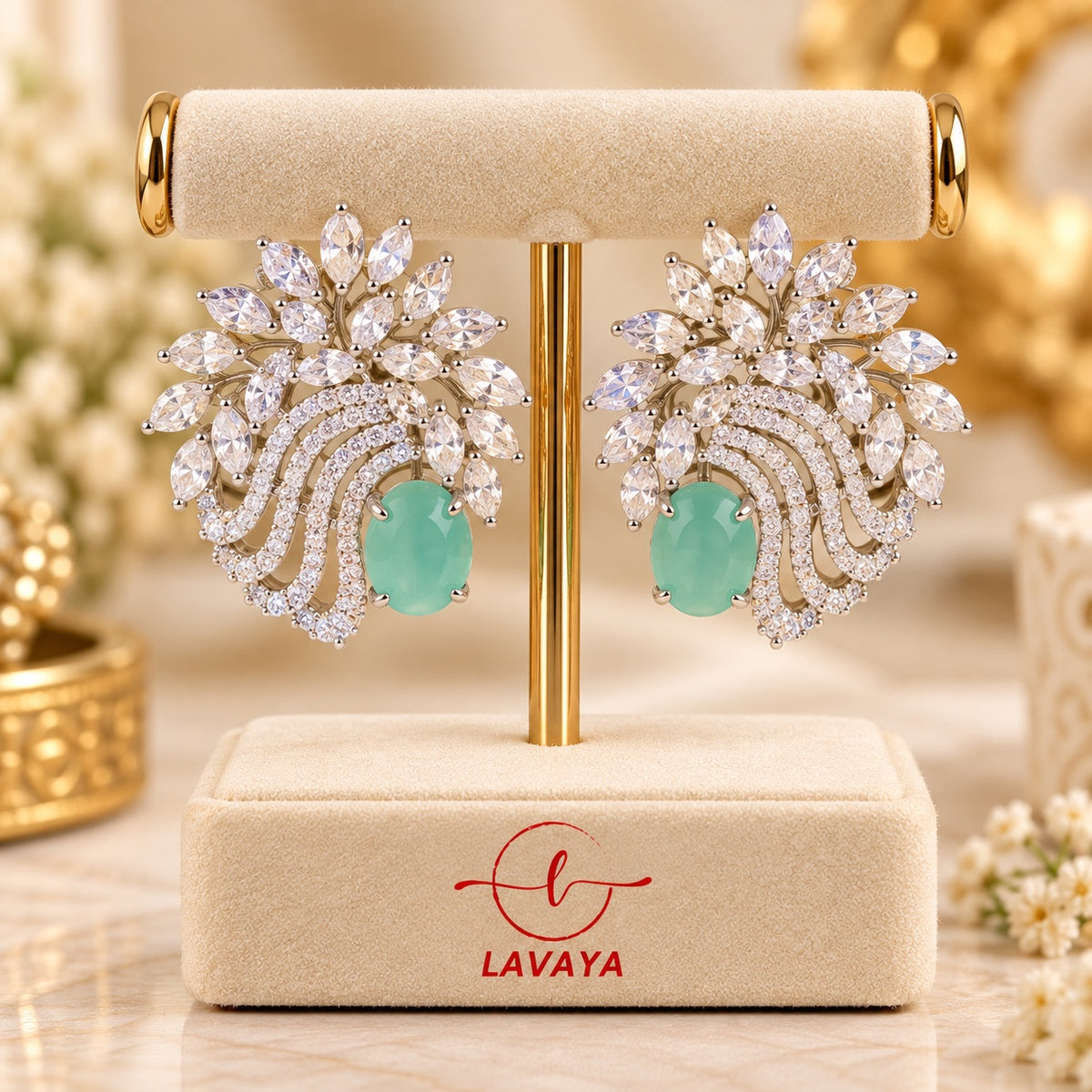 Lavaya Luxury Mint Green Stone Floral Crystal Statement Earrings for Women – Elegant Silver-Tone Leaf Design Earrings for Wedding, Festive & Party Wear