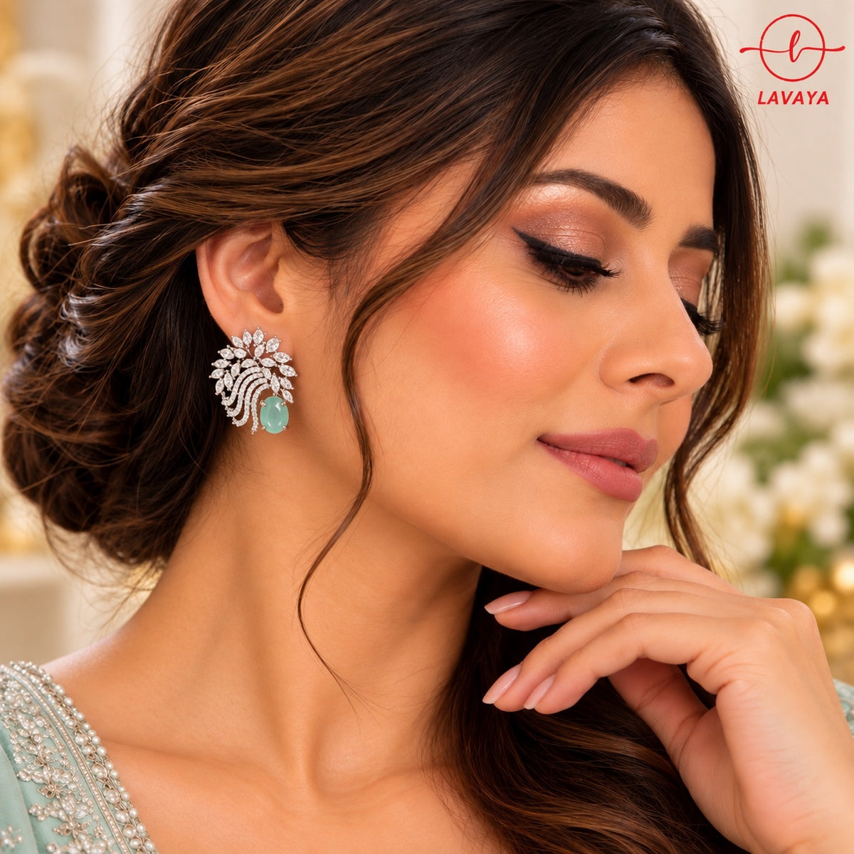 Lavaya Luxury Mint Green Stone Floral Crystal Statement Earrings for Women – Elegant Silver-Tone Leaf Design Earrings for Wedding, Festive & Party Wear