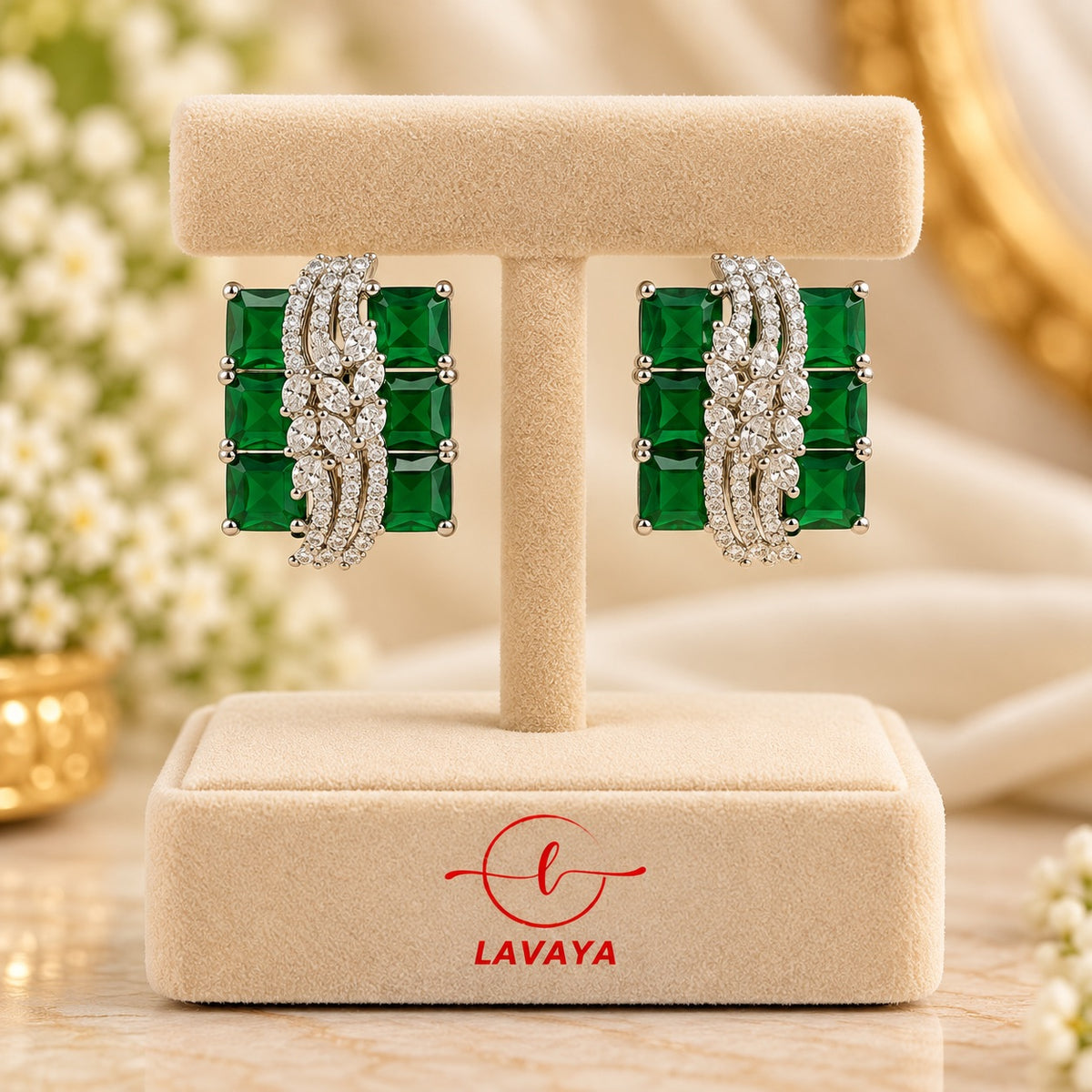 Lavaya Luxury Emerald Green Square-Cut Crystal Stud Earrings for Women – Elegant Silver-Tone Floral Statement Earrings for Wedding, Festive & Party Wear