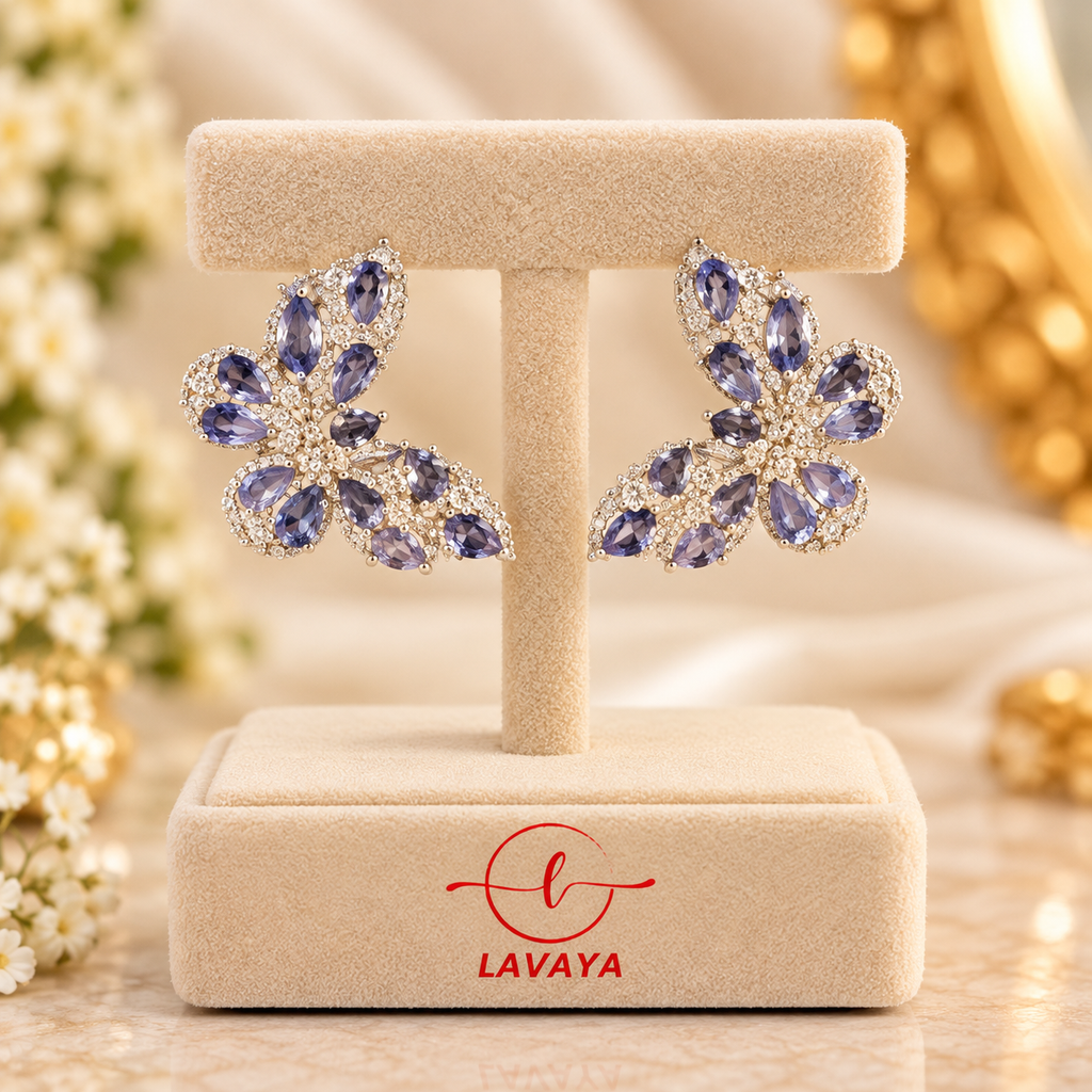 Lavaya Luxury Lavender Purple Floral Crystal Stud Earrings for Women – Elegant Gold-Tone Statement Earrings for Wedding, Party & Festive Wear