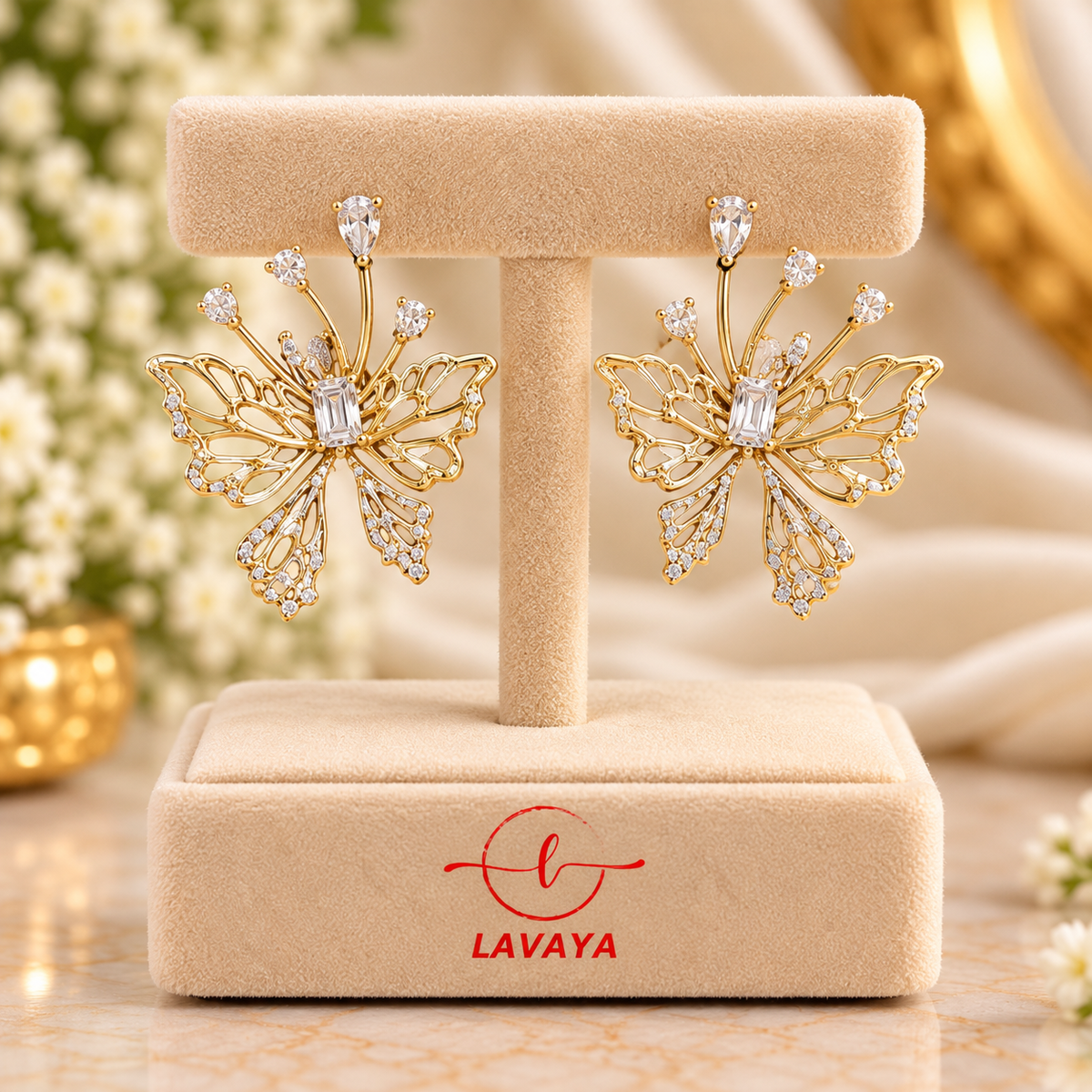 Lavaya Luxury Gold Butterfly Floral Crystal Statement Earrings for Women – Elegant Designer Earrings for Wedding, Party & Festive Wear