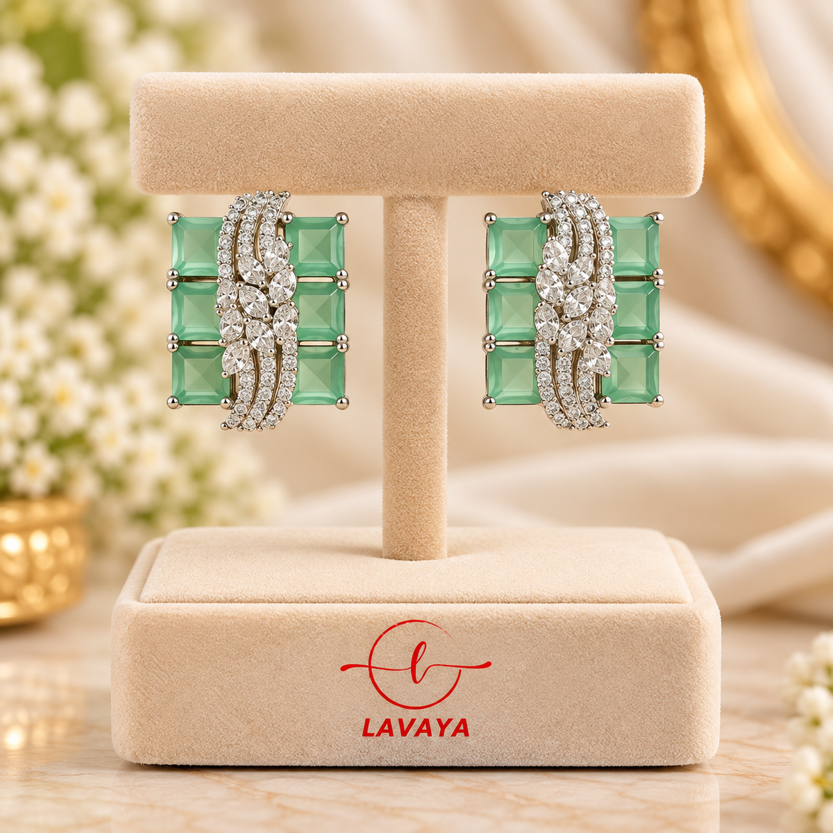 Lavaya Luxury Mint Green Rectangular Crystal Stud Earrings for Women – Elegant Silver-Tone Floral Statement Earrings for Wedding, Festive & Party Wear