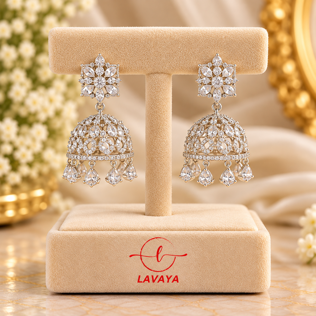 Lavaya Luxury Silver-Tone Floral Crystal Jhumka Earrings for Women – Elegant Traditional Designer Earrings for Wedding, Party & Festive Wear