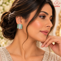 Lavaya Luxury Mint Green Rectangular Crystal Stud Earrings for Women – Elegant Silver-Tone Floral Statement Earrings for Wedding, Festive & Party Wear