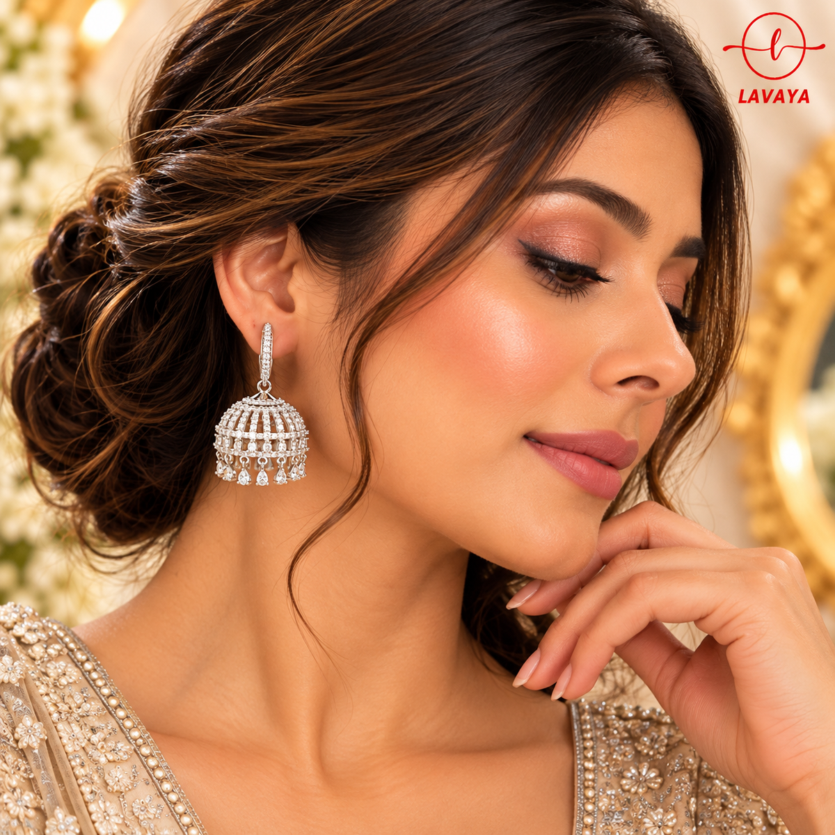 Lavaya Luxury Silver-Tone Crystal Dome Jhumka Earrings for Women – Elegant Traditional Designer Earrings for Wedding, Party & Festive Wear