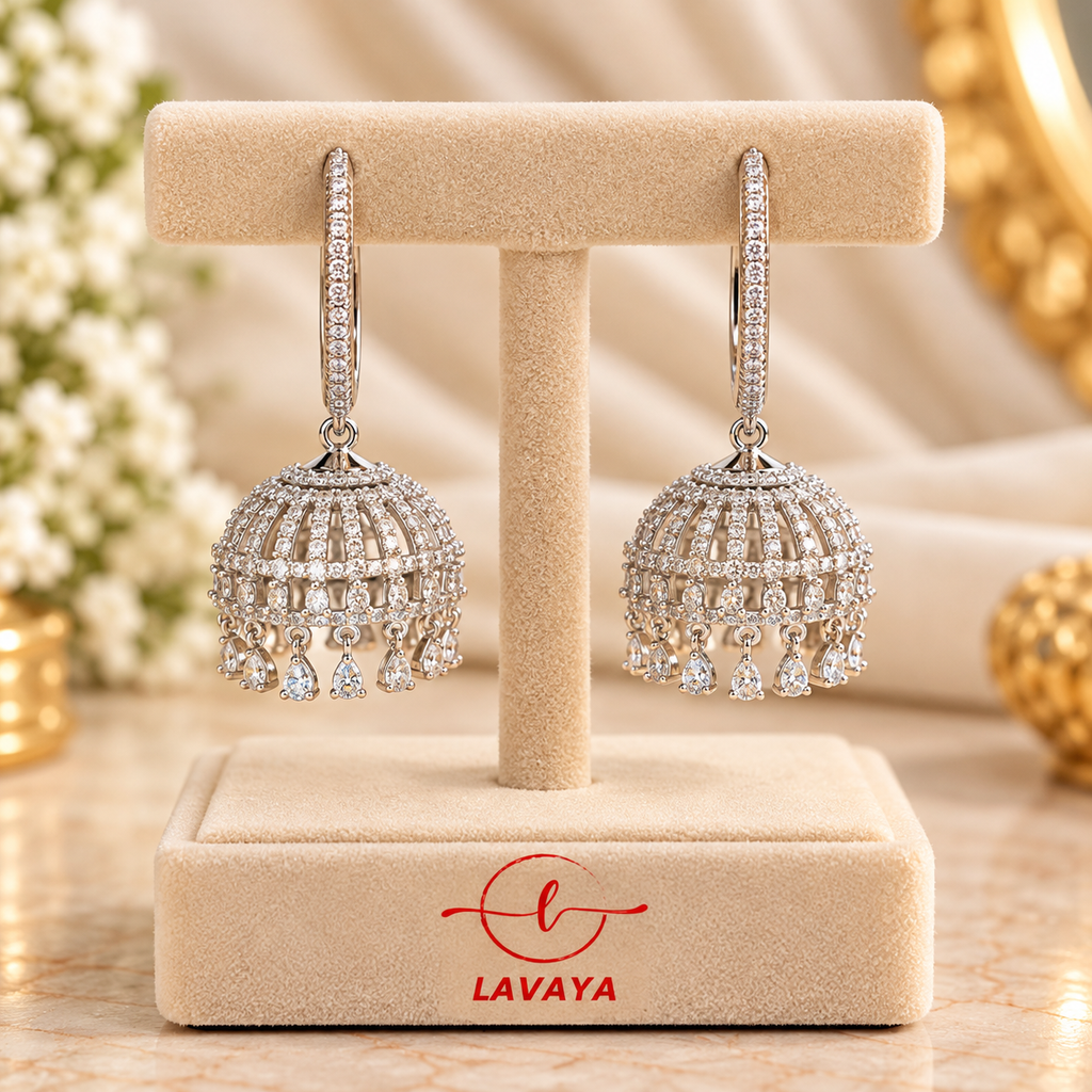 Lavaya Luxury Silver-Tone Crystal Dome Jhumka Earrings for Women – Elegant Traditional Designer Earrings for Wedding, Party & Festive Wear