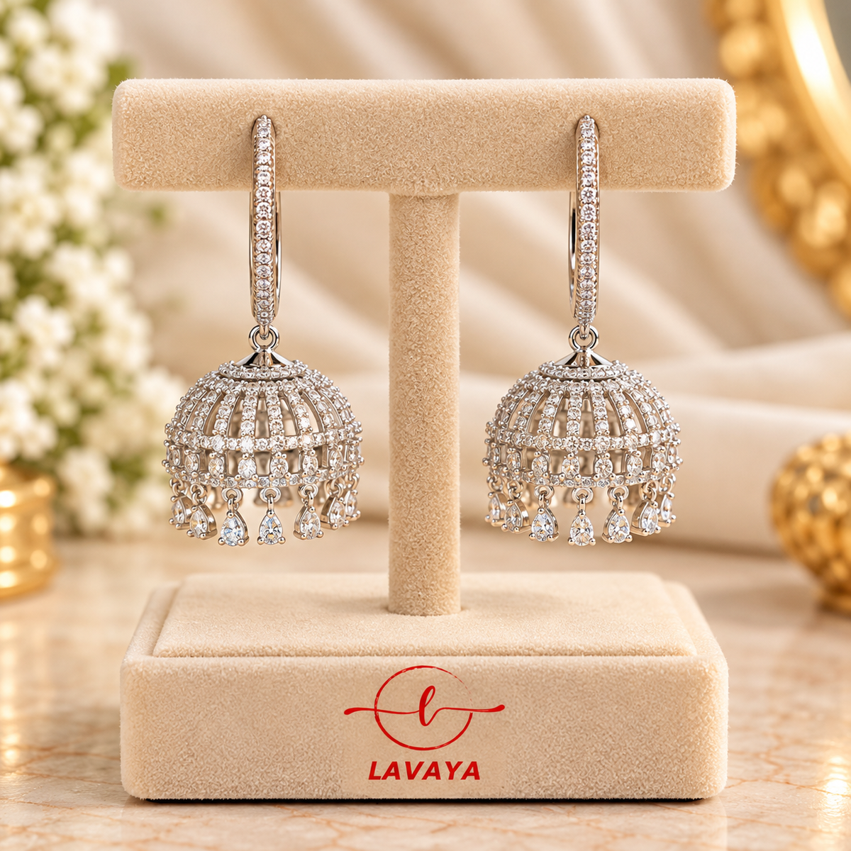 Lavaya Luxury Silver-Tone Crystal Dome Jhumka Earrings for Women – Elegant Traditional Designer Earrings for Wedding, Party & Festive Wear