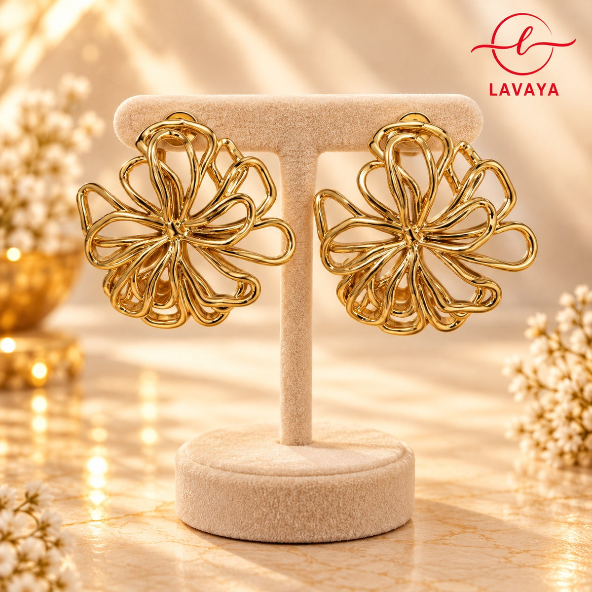 Lavaya Luxury Gold-Tone Floral Wirework Statement Stud Earrings for Women – Elegant Modern Designer Earrings for Wedding, Party & Festive Wear
