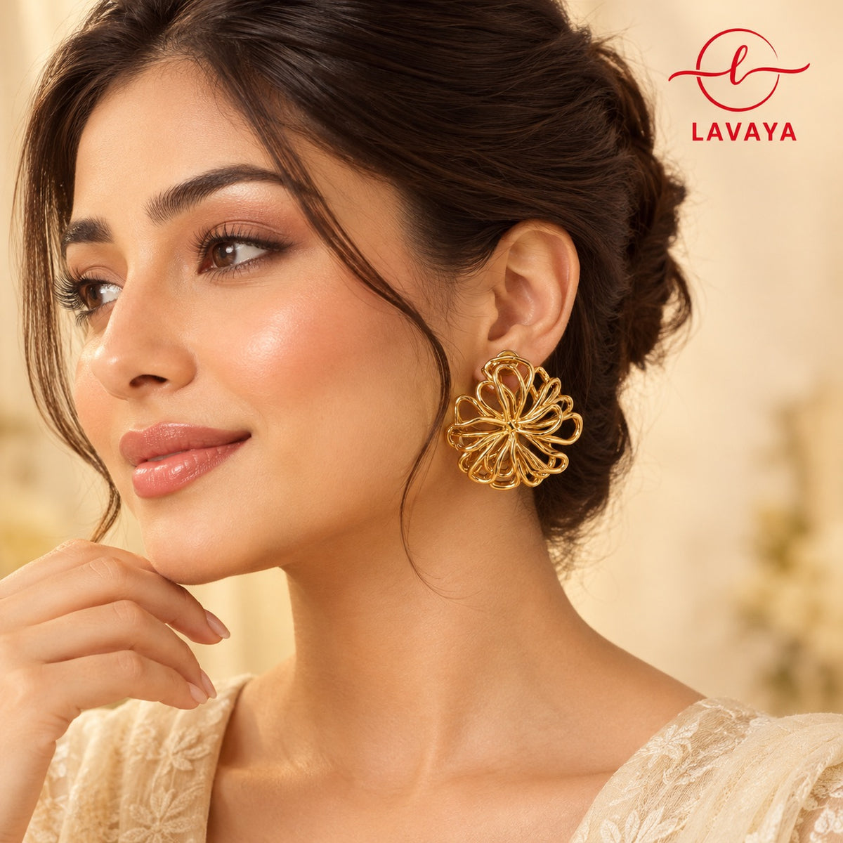 Lavaya Luxury Gold-Tone Floral Wirework Statement Stud Earrings for Women – Elegant Modern Designer Earrings for Wedding, Party & Festive Wear