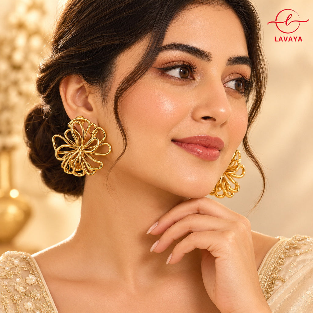 Lavaya Luxury Gold-Tone Floral Wirework Statement Stud Earrings for Women – Elegant Modern Designer Earrings for Wedding, Party & Festive Wear