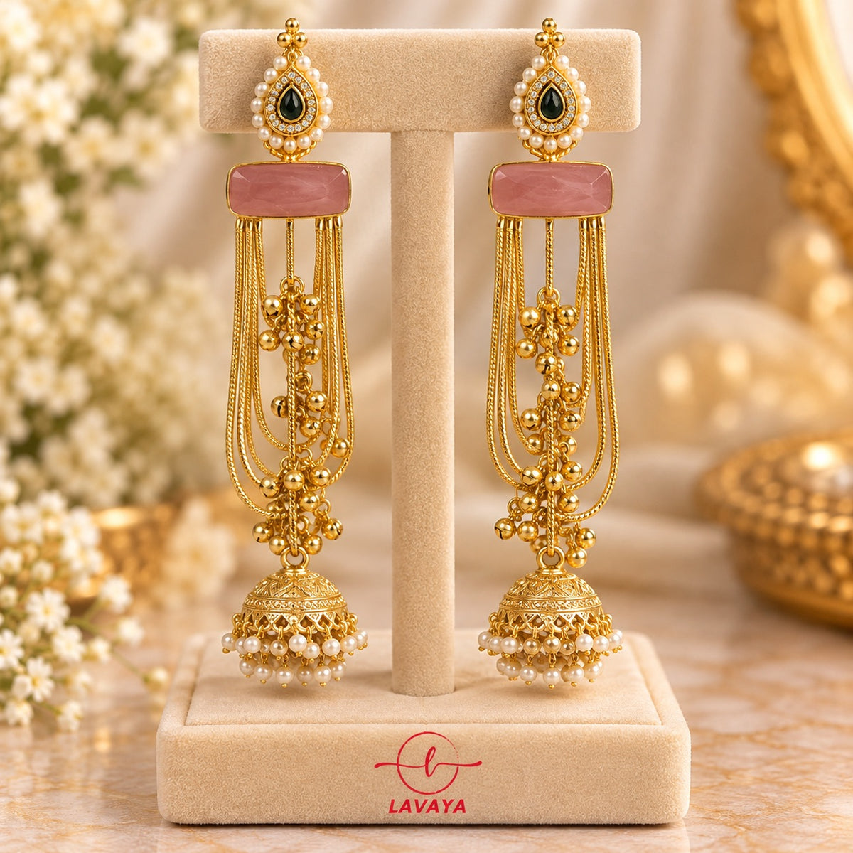 Royal Gold-Plated Pink Stone & Green Kundan Pearl Jhumka Earrings with Chain Tassels