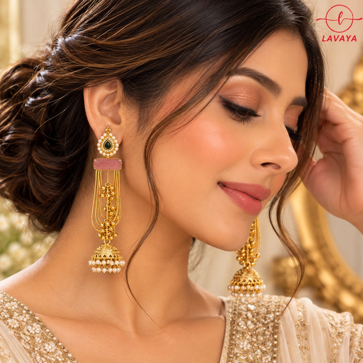 Royal Gold-Plated Pink Stone & Green Kundan Pearl Jhumka Earrings with Chain Tassels