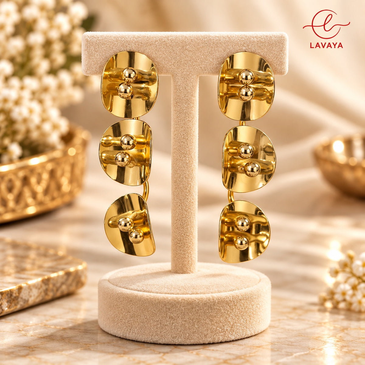 Lavaya Luxury Gold-Tone Triple Geometric Drop Earrings for Women – Elegant Modern Designer Statement Earrings for Party, Wedding & Festive Wear