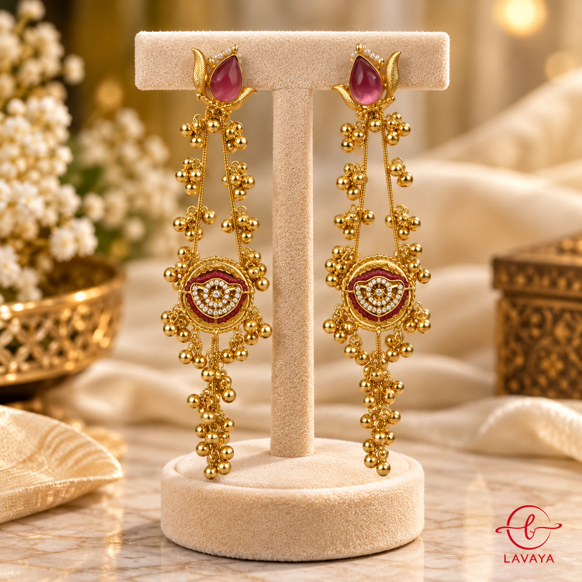 Lavaya Royal Pink Stone Gold-Tone Long Chain Earrings with Ghungroo Beads – Traditional Bridal & Festive Statement Jewellery