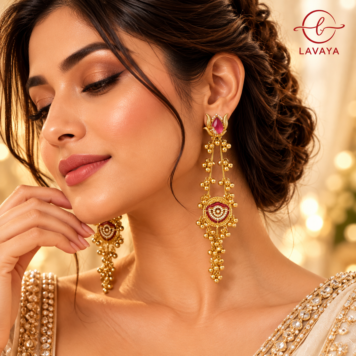 Lavaya Royal Pink Stone Gold-Tone Long Chain Earrings with Ghungroo Beads – Traditional Bridal & Festive Statement Jewellery