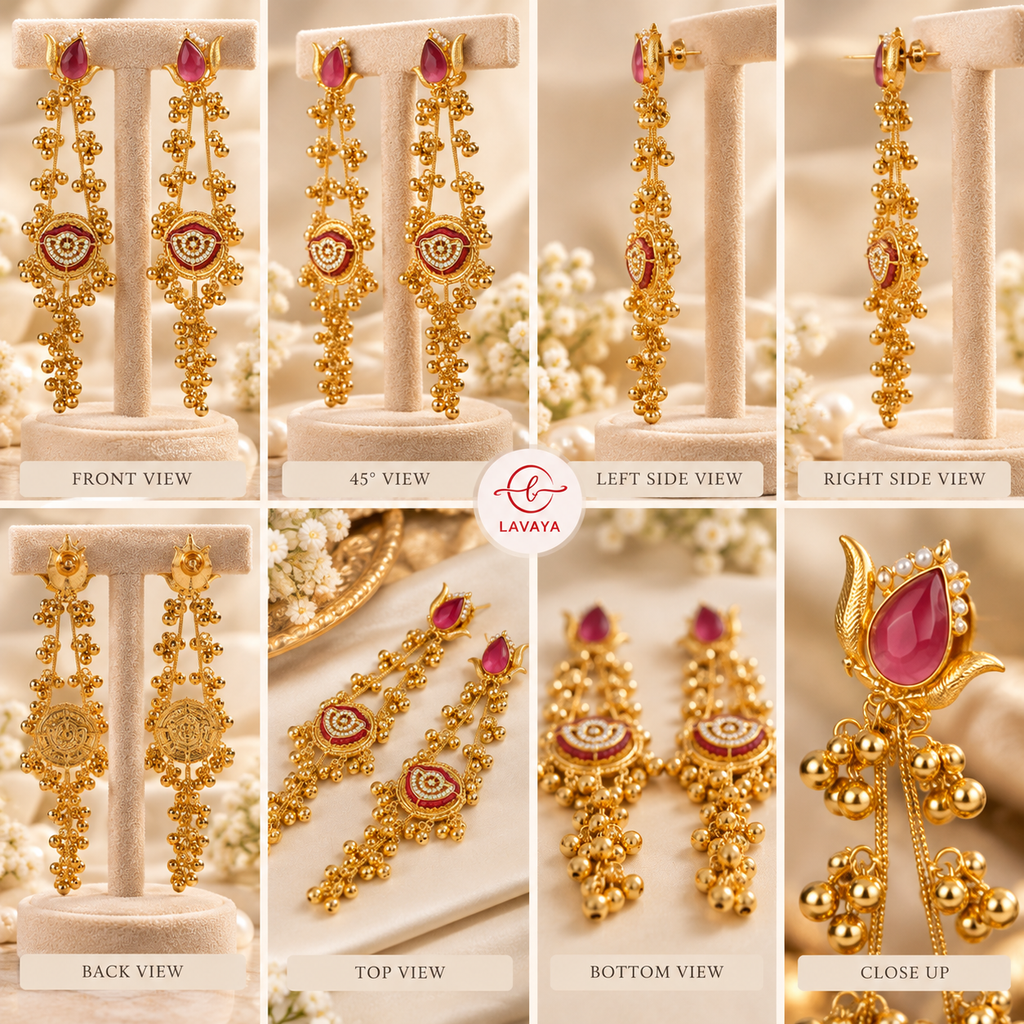 Lavaya Royal Pink Stone Gold-Tone Long Chain Earrings with Ghungroo Beads – Traditional Bridal & Festive Statement Jewellery