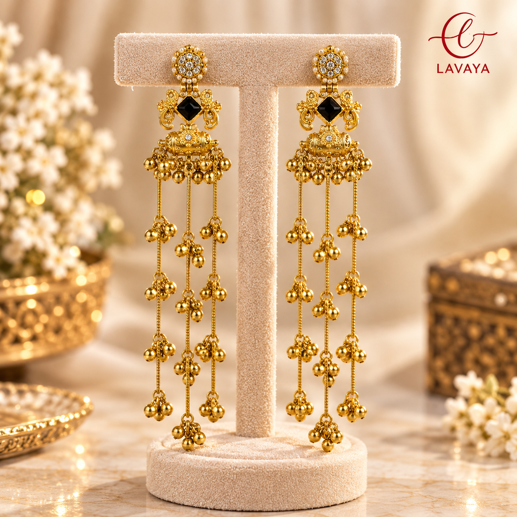 Lavaya Royal Gold-Tone Black Stone Long Chain Jhumka Earrings with Ghungroo Beads – Traditional Bridal & Festive Statement Jewellery