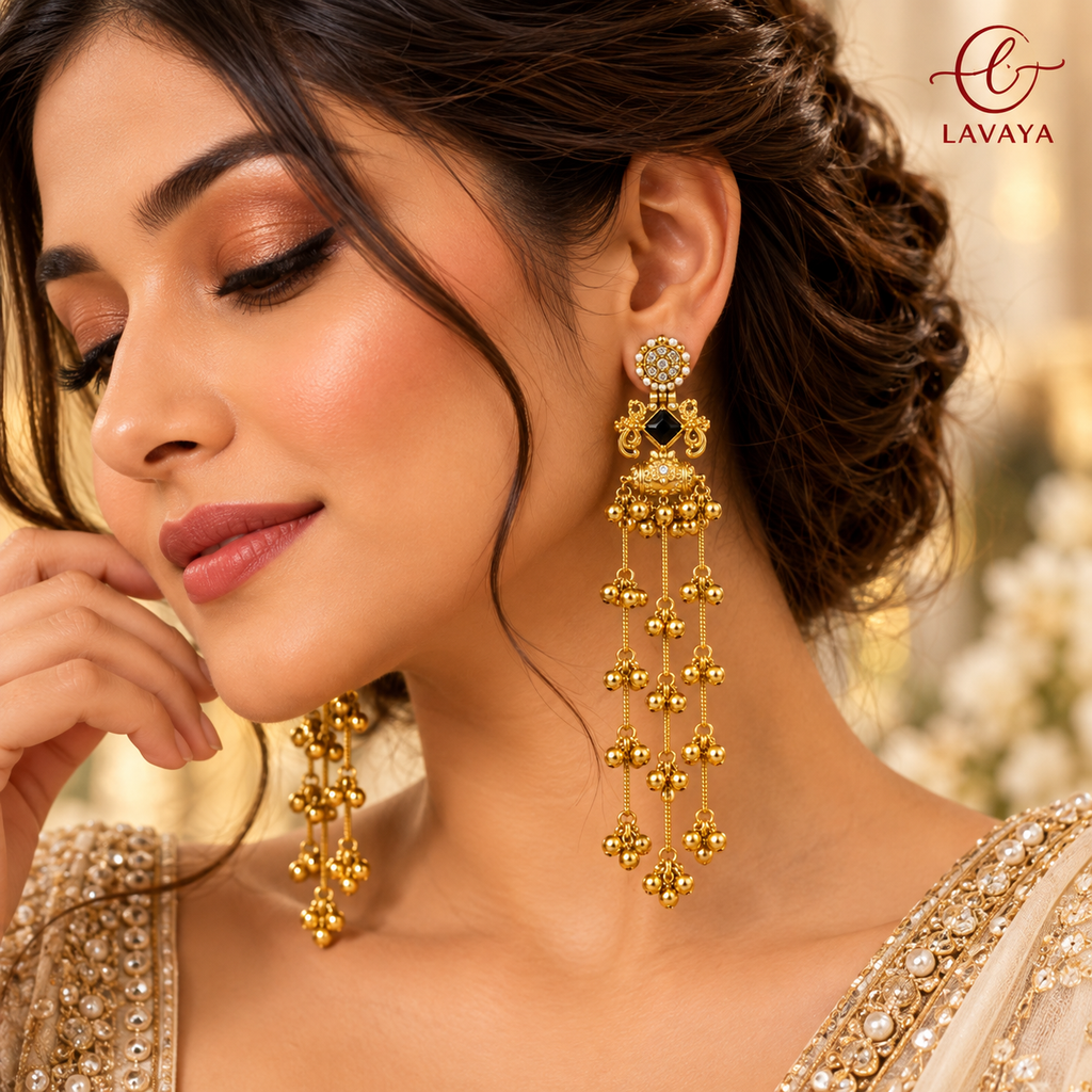 Lavaya Royal Gold-Tone Black Stone Long Chain Jhumka Earrings with Ghungroo Beads – Traditional Bridal & Festive Statement Jewellery