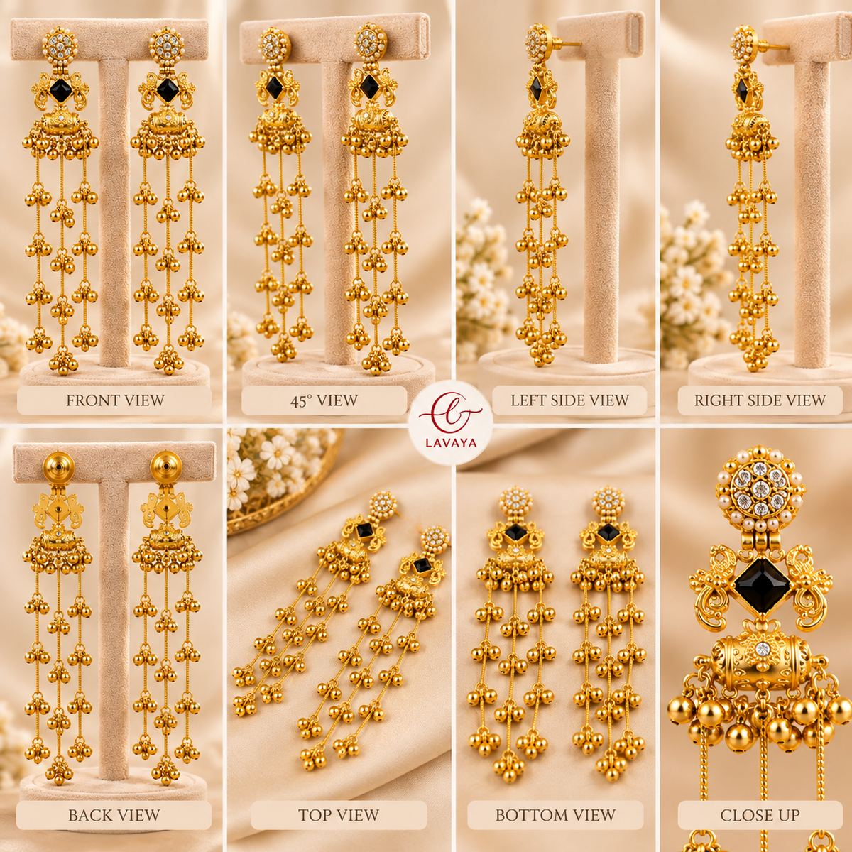 Lavaya Royal Gold-Tone Black Stone Long Chain Jhumka Earrings with Ghungroo Beads – Traditional Bridal & Festive Statement Jewellery
