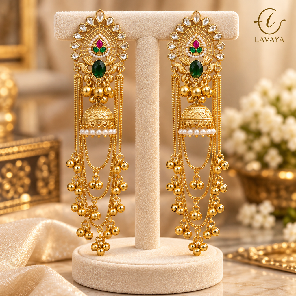 Lavaya Royal Gold-Tone Green & Ruby Pink Stone Long Chain Jhumka Earrings with Pearl & Ghungroo Detailing – Traditional Bridal & Festive Jewellery