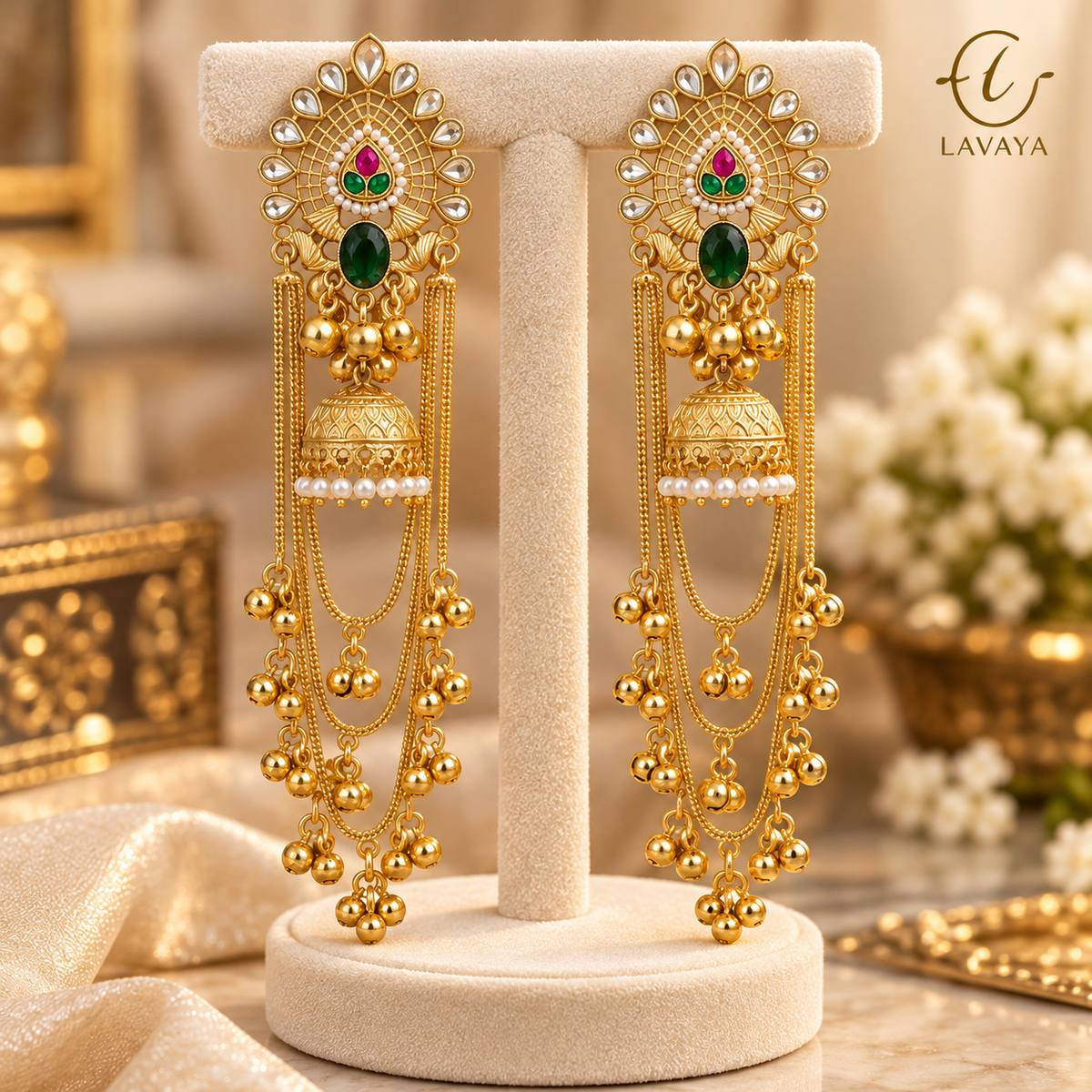 Lavaya Royal Gold-Tone Green & Ruby Pink Stone Long Chain Jhumka Earrings with Pearl & Ghungroo Detailing – Traditional Bridal & Festive Jewellery