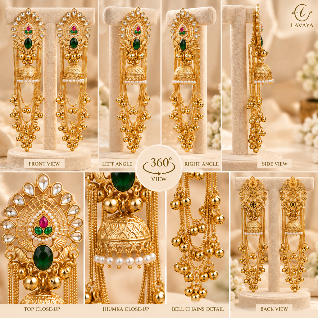 Lavaya Royal Gold-Tone Green & Ruby Pink Stone Long Chain Jhumka Earrings with Pearl & Ghungroo Detailing – Traditional Bridal & Festive Jewellery