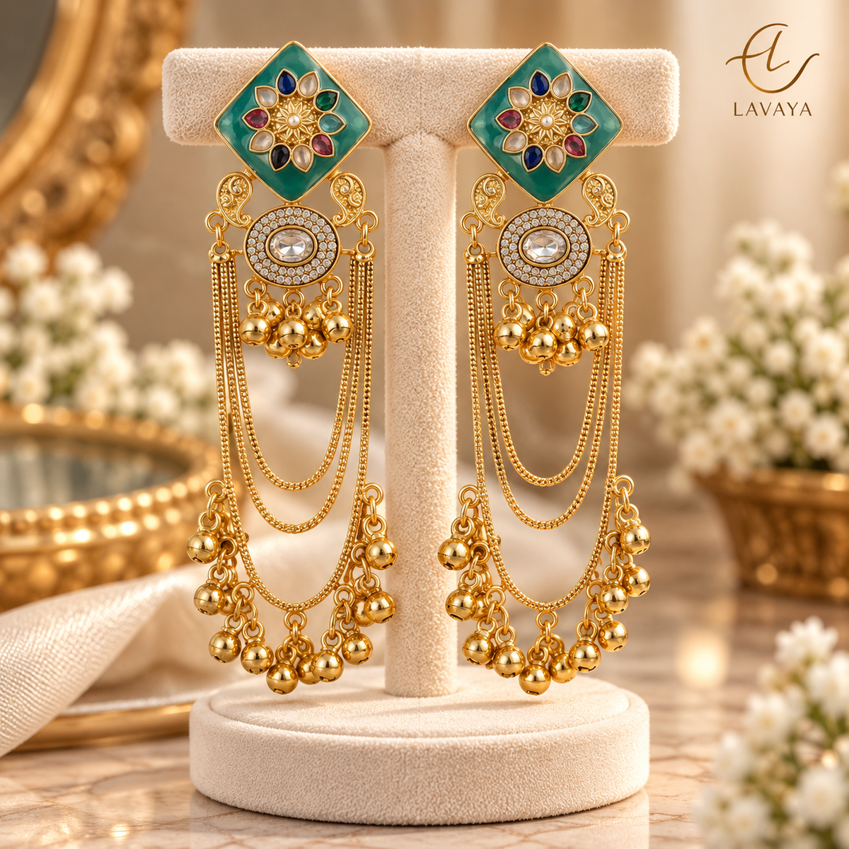 Lavaya Royal Emerald Green Meenakari Multicolor Stone Gold-Tone Long Chain Earrings with Kundan & Ghungroo Detailing – Traditional Bridal & Festive Jewellery