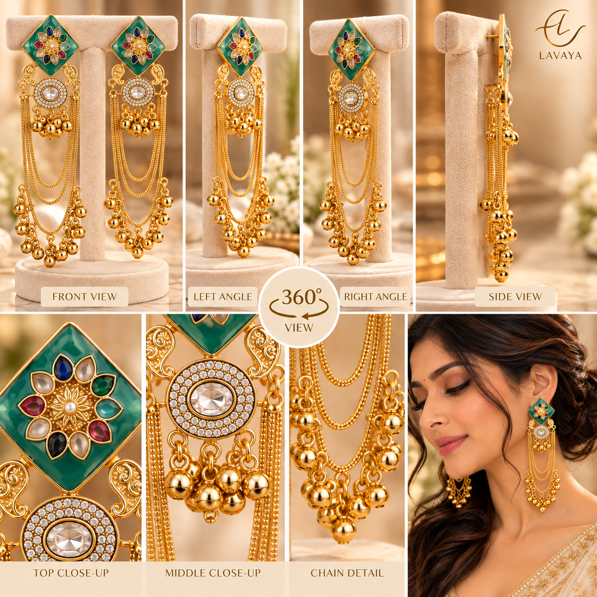 Lavaya Royal Emerald Green Meenakari Multicolor Stone Gold-Tone Long Chain Earrings with Kundan & Ghungroo Detailing – Traditional Bridal & Festive Jewellery