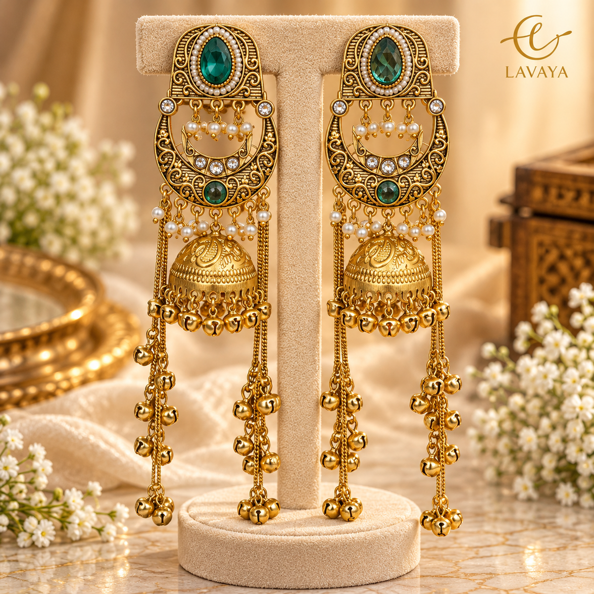 Lavaya Royal Emerald Green Stone Gold-Tone Long Chain Jhumka Earrings with Pearl & Ghungroo Detailing – Traditional Bridal & Festive Statement Jewellery