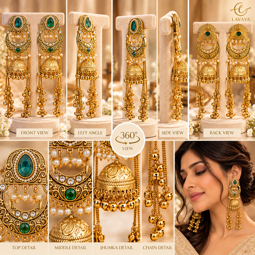 Lavaya Royal Emerald Green Stone Gold-Tone Long Chain Jhumka Earrings with Pearl & Ghungroo Detailing – Traditional Bridal & Festive Statement Jewellery