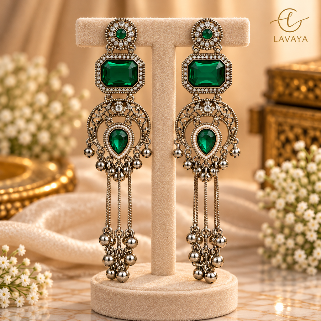 Lavaya Royal Emerald Green Stone Antique Silver-Tone Long Chain Earrings with Crystal & Ghungroo Detailing – Traditional Bridal & Festive Statement Jewellery
